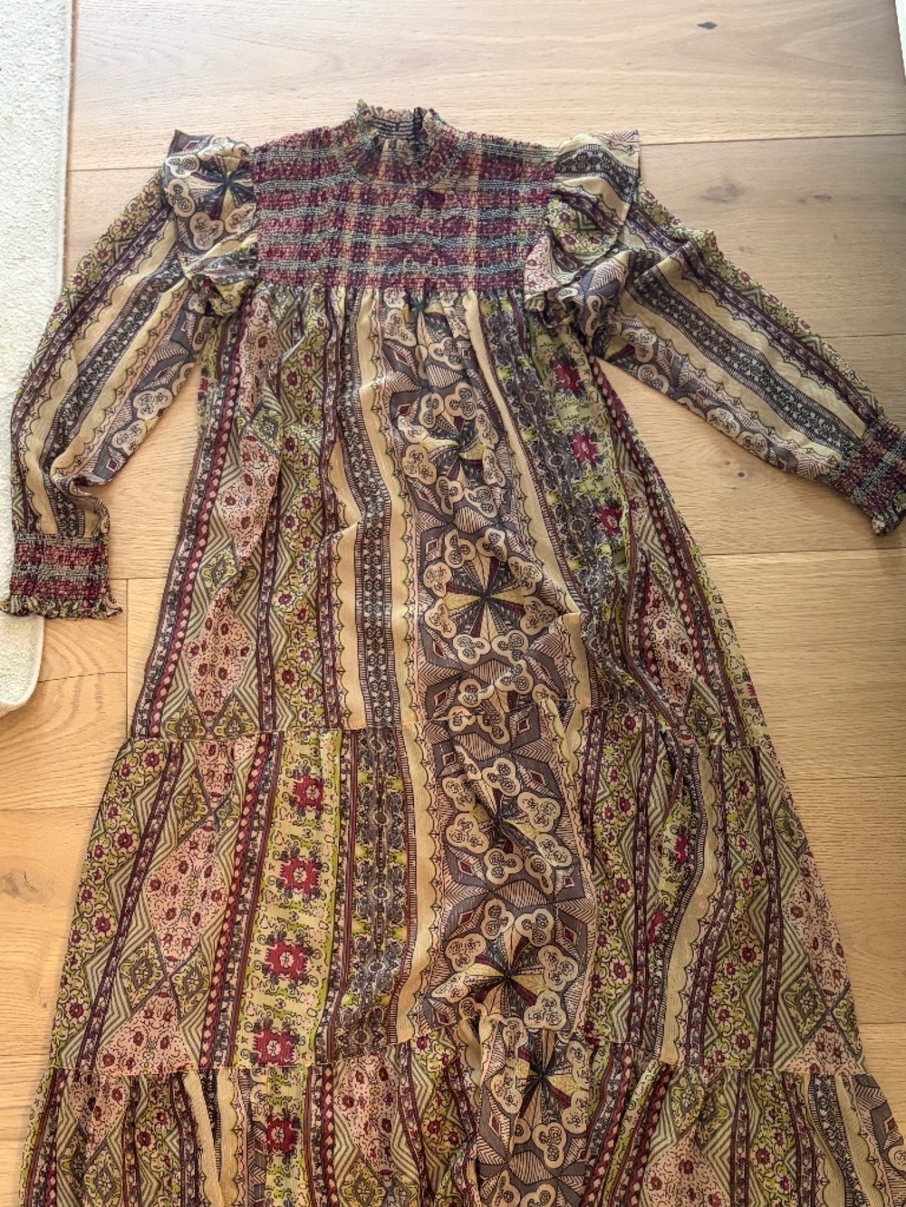 Anthropologie Boho Printed Smocked Peasant Midi Dress | Long Sleeve